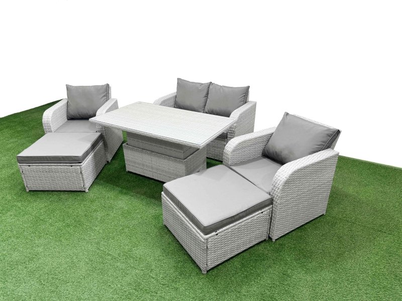 Fimous Light Grey PE Wicker Rattan Garden Furniture Set Sofa Set Reclining Chair Adjustable Lifting Dining or Coffee Table 6 Seater 2 Big Stools