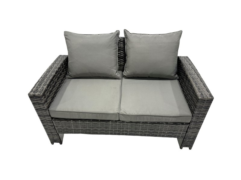 Fimous Outdoor Love Sofa Set 6 Seat Rattan Garden Furniture Set with Gas Firpit Dining Table 2 Big Footstools 2 Side Table Dark Grey Mixed