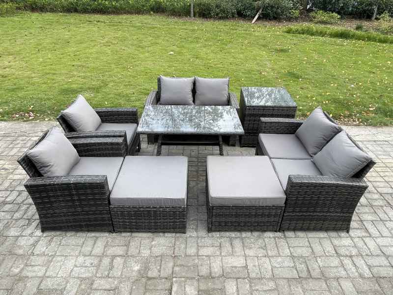 Fimous Garden Furniture Sets 8 Pieces Wicker Rattan Furniture Manual Wicker Patio Sofa Patio Conversation Set with 2 Big Footstool Side Table Dark Grey Mixed