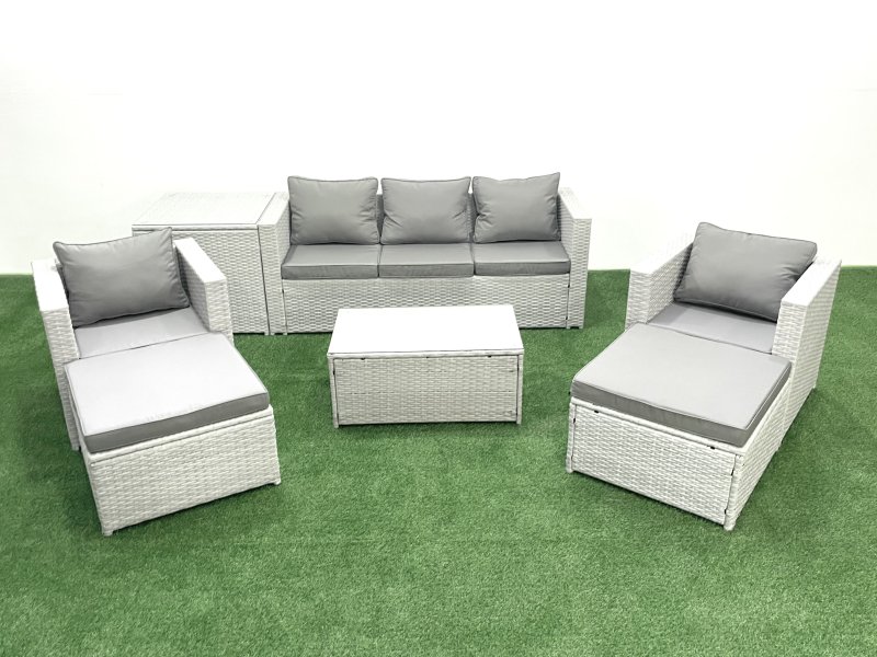 Fimous Rattan Garden Furniture Set with 3 Seater Sofa 2 Chair Rectangular Coffee Table 2 Big Footstools Side Table Light Grey Mixed 7 Seater