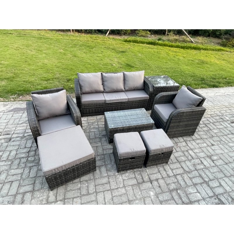 Fimous 8 Seater Rattan Garden Furniture Set Patio Outdoor Lounge Sofa Set with Rectangular Coffee Table 3 Footstools 3 Seater Sofa Side Table Dark Grey Mixed