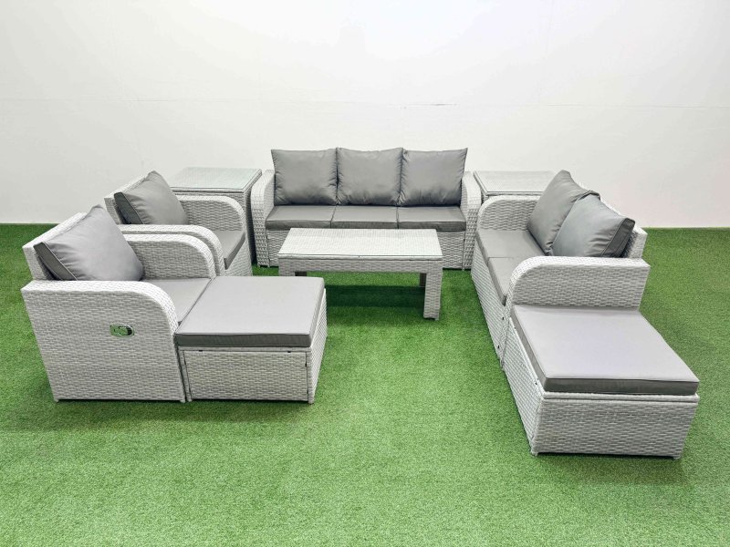 Fimous PE Rattan Garden Furniture Set Adjustable Chair Sofa Double Love Seat 2 Seater Sofa Lounge Set Rectangular Coffee Table 2 Big Footstool 2 Side Table Light Grey