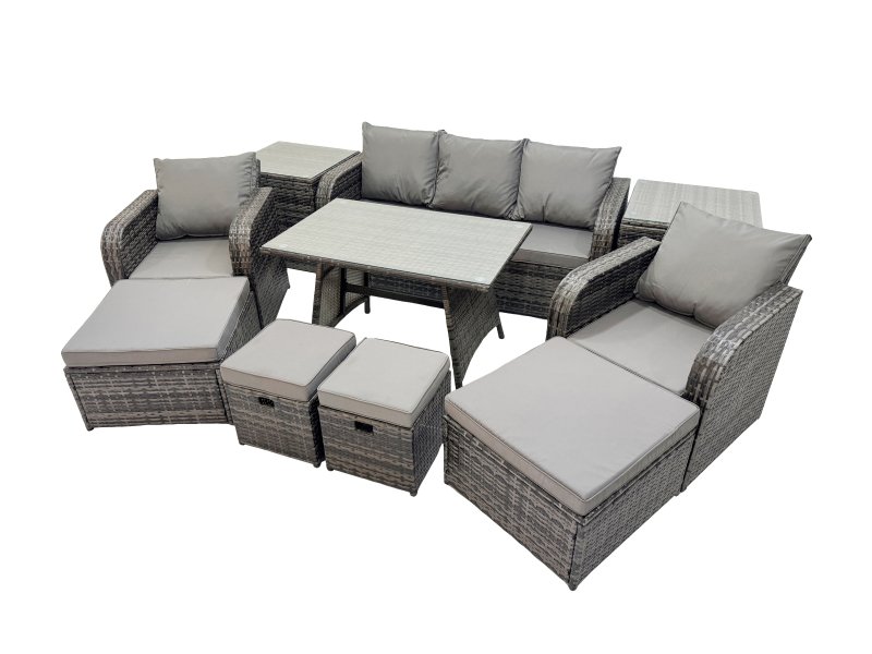 Fimous Garden Rattan Outdoor Furniture Set 9 Seater with 3 Seater Sofa 2 Side Table 2 Big Stool 2 Small Stools Dark Grey
