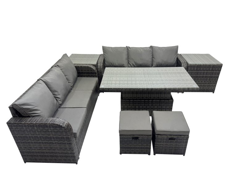 Fimous Rattan Garden Furniture Dining Set 8-seater Patio Height Adjustable Rising Lifting Table Sofa Set with 2 Side Table 2 Small Footstools Dark Grey Mixed