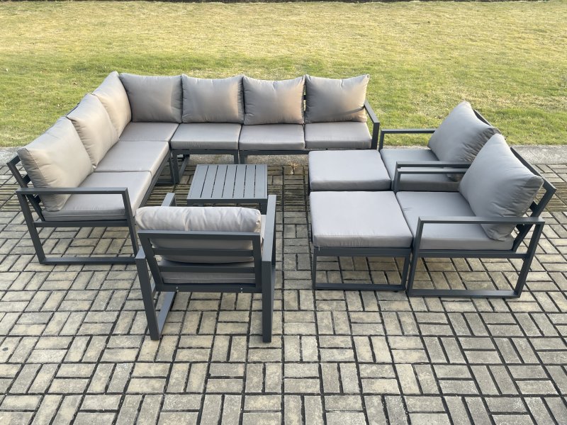 Fimous 11 Seater Outdoor Lounge Corner Sofa Set Aluminum Garden Furniture Sets with Square Coffee Table 3 Chairs 2 Big Footstools Dark Grey