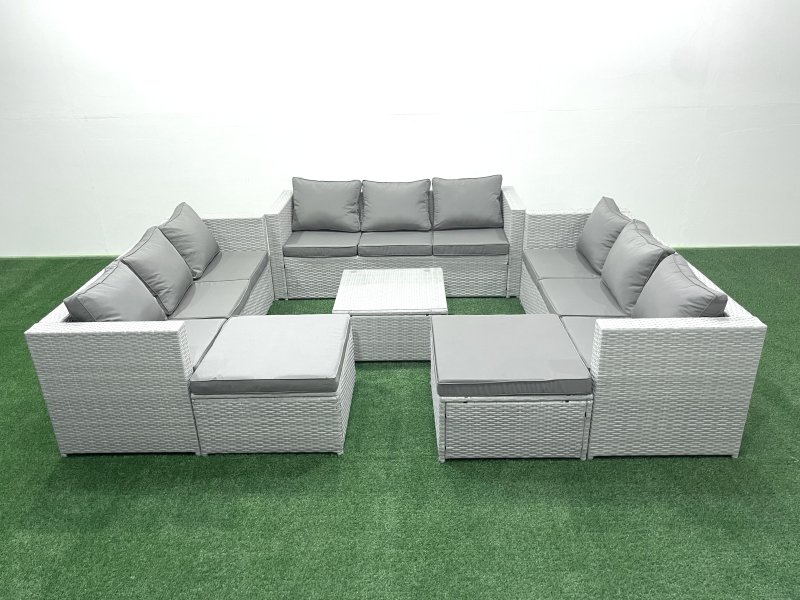 Fimous Rattan Garden Outdoor Furniture Set 11 Seater Rattan Garden Sofa Set with 2 Big Footstools Light Grey Mixed