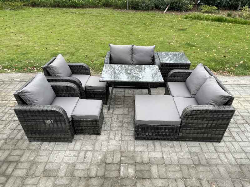 Fimous 9 Seater Wicker PE Rattan Garden Dining Set Outdoor Furniture Sofa with Rectangular Dining Table Side Table 3 Footstools Dark Grey Mixed