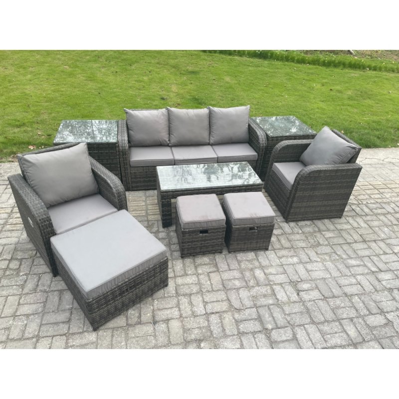 Fimous Rattan Garden Furniture Set with Rectangular Coffee Table 2 Side Tables 3 Footstools 8 Seater Patio Outdoor Lounge Sofa Set