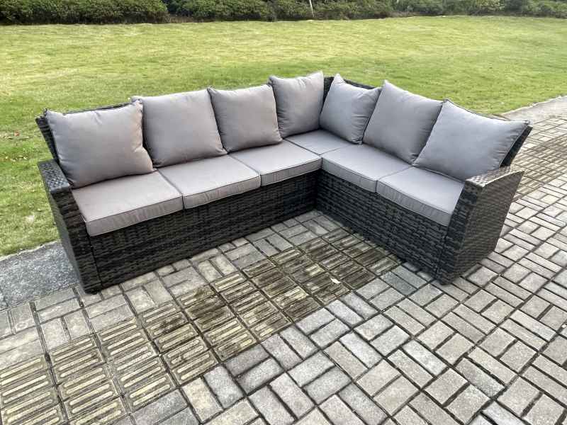 Fimous High Back Outdoor Garden Furniture Set Rattan Corner Sofa Dining Table Set With 2 Armchairs Big Footstool 9 Seater Dark Grey Mixed