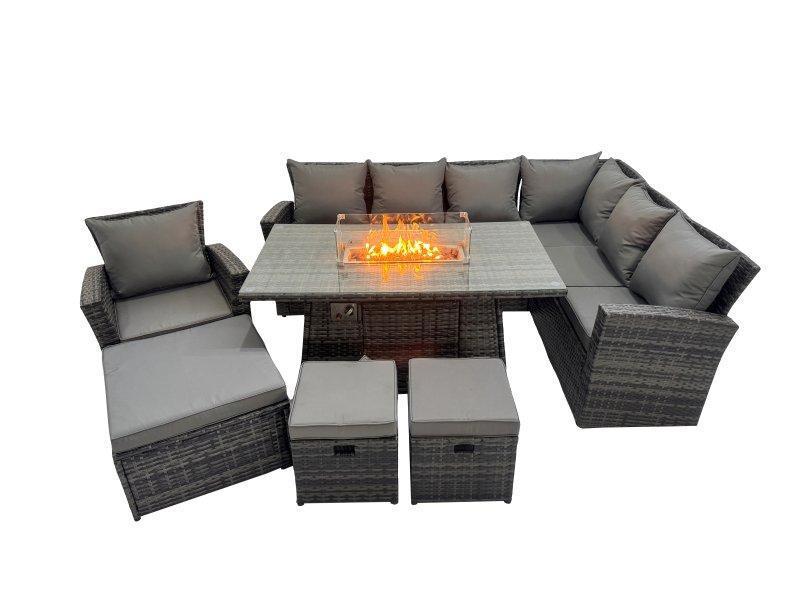 Fimous Outdoor Furniture Garden Dining Set Rattan Corner Sofa Chair Set Gas Fire Pit Table with Temper Glass 3 Footstools Dark Grey Mixed