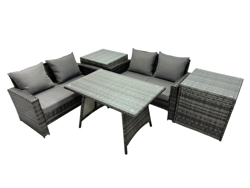 Fimous 4 Seater Wicker PE Rattan Furniture Outdoor Dining Table Double Seat Sofa 2 Side Table Set Dark Grey Mixed
