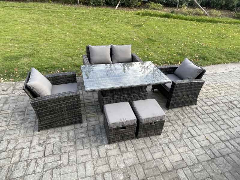 Fimous Outdoor Garden Dining Sets 6 Seater Rattan Patio Furniture Sofa Set with Rising Lifting Table 2 Small Footstool Dark Grey Mixed