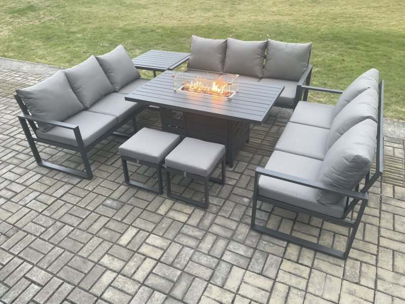 Fimous Aluminium 11 Seater Garden Furniture Outdoor Set Patio Lounge Sofa Gas Fire Pit Dining Table Set with 2 Small Footstools Side Table Dark Grey