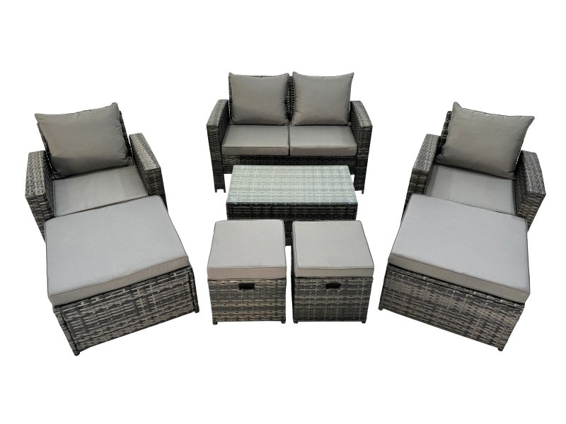Fimous 8 Seater Wicker PE Rattan Furniture Outdoor Coffee Table Double Seat Sofa 4 Stools Set Dark Grey Mixed
