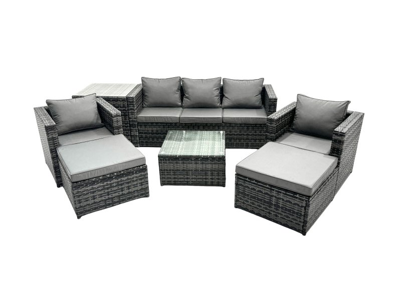 Fimous Outdoor Rattan Garden Furniture Set 7 Seater Patio Lounge Sofa Set with Armchair Square Coffee Table Side Table 2 Big Footstool Dark Grey Mixed