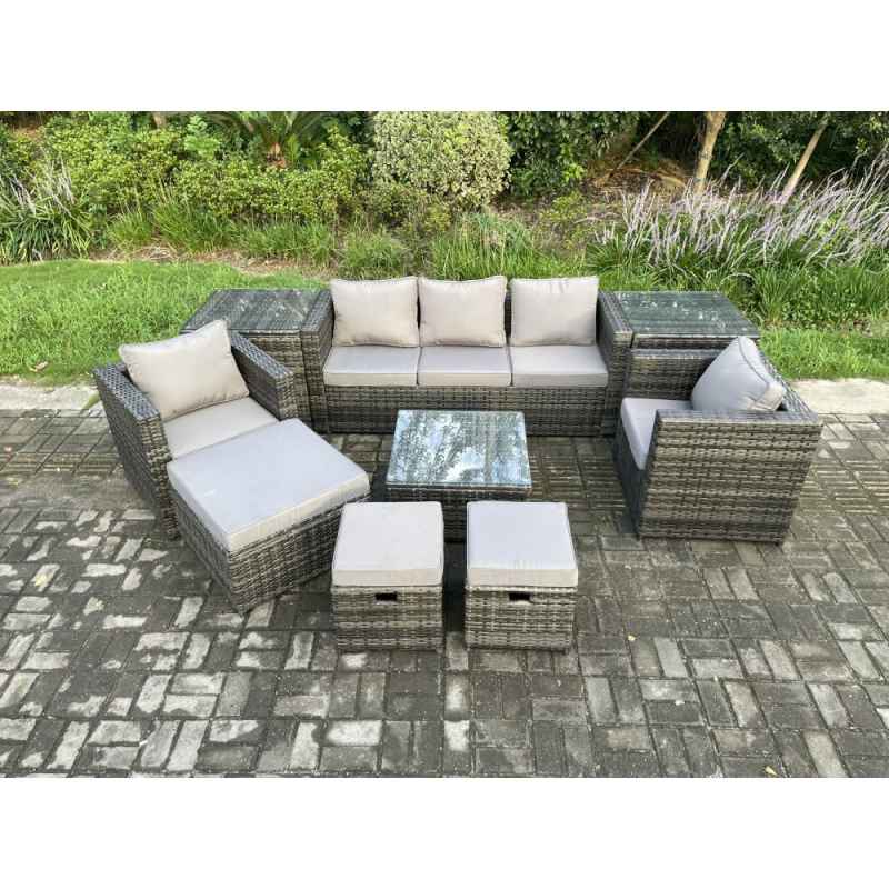 Fimous Wicker Rattan Garden Furniture Sofa Set with 2 Side Tables Armchair Square Coffee Table 3 Footstools 8 Seater Outdoor Rattan Set Dark Grey Mixed