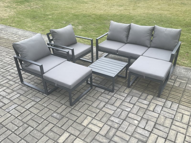 Fimous Aluminium Outdoor Lounge Sofa Set Garden Furniture Sets with Square Coffee Table 2 Chairs 2 Big Footstools Dark Grey 7 Seater