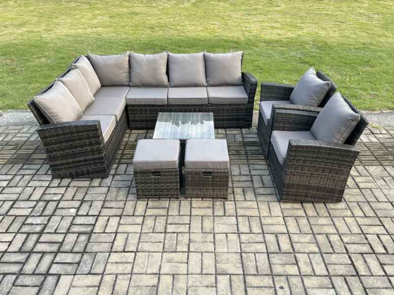 Fimous Rattan Garden Furniture Set Outdoor Lounge Corner Sofa Set With Square Coffee Table 2 Small Footstools Armchair 10 Seater Dark Grey Mixed