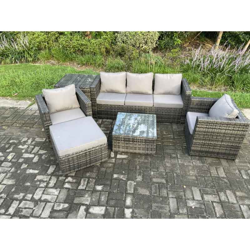 Fimous 6 Seater Outdoor Lounge Sofa Set Wicker PE Rattan Garden Furniture Set with Armchair Square Coffee Table Big Footstool Dark Grey Mixed