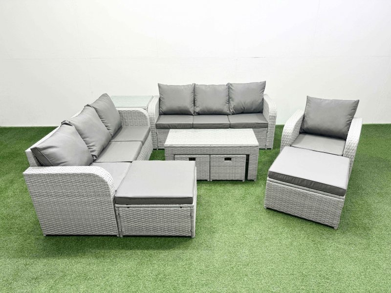 Fimous Outdoor Garden Furniture Set PE Rattan 3 Seater Sofa Reclining Chair Set with Oblong Coffee Table 4 Footstools Side Table Light Grey