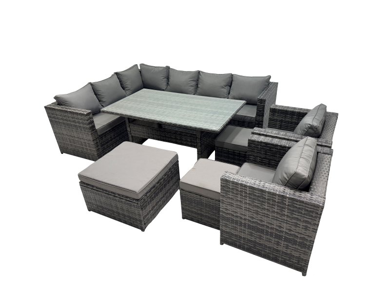 Fimous Outdoor PE Rattan Sofa Set with Dining Table Patio Garden Furniture Sets with 3 Stool Dark Grey Mixed