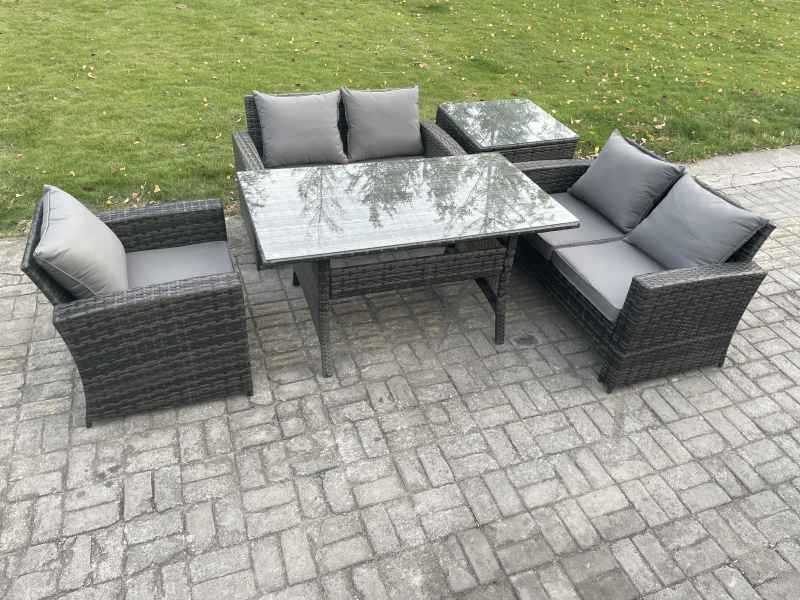 Fimous Wicker Rattan Garden Dining Set Outdoor Furniture Sofa with Dining Table Double Seat Sofa Side Table Dark Grey Mixed
