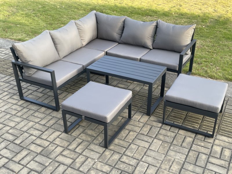 Fimous Aluminium Outdoor Garden Furniture Set Lounge Sofa Oblong Coffee Table Sets with 2 Big Footstool Indoor Conservatory Set Dark Grey