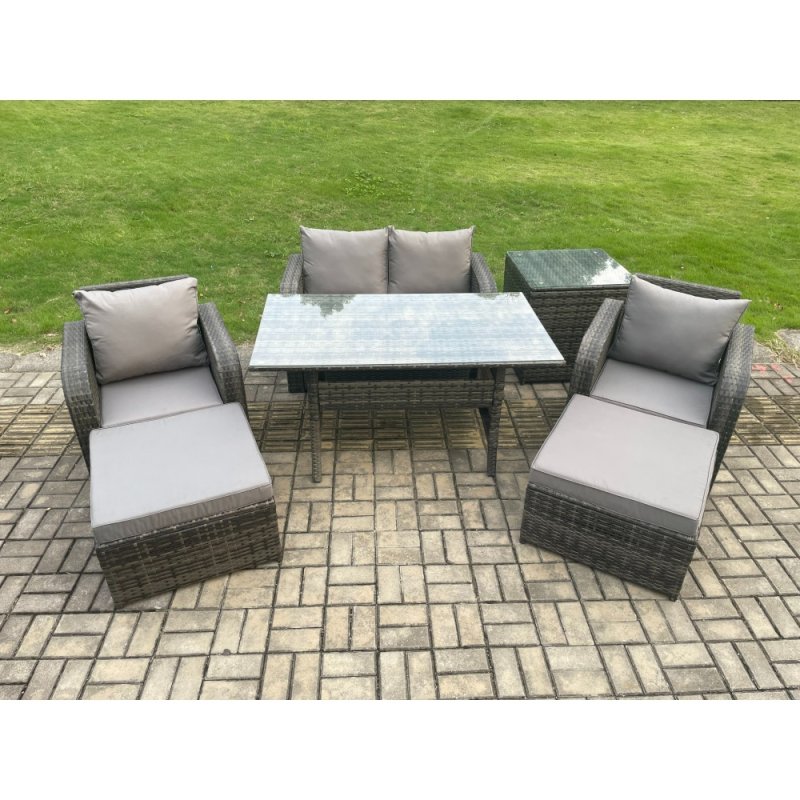 Fimous Rattan Outdoor Garden Furniture Set Rectangular Dining Table and Chair Sofa Set With Side Table 2 Big Footstool Dark Grey Mixed