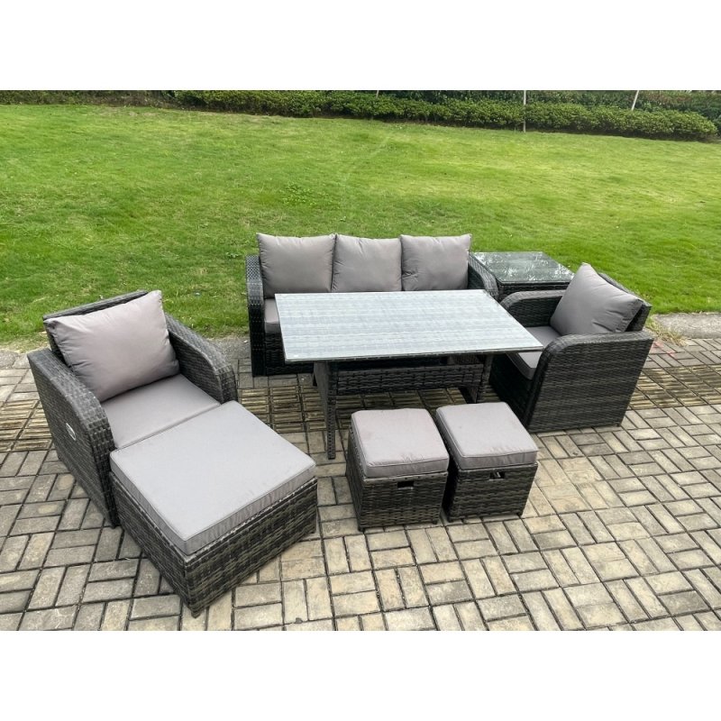 Fimous 8 Pcs Rattan Outdoor Garden Furniture Set Rectangular Dining Table and Chair Sofa Set With Side Table 3 Footstools Dark Grey Mixed