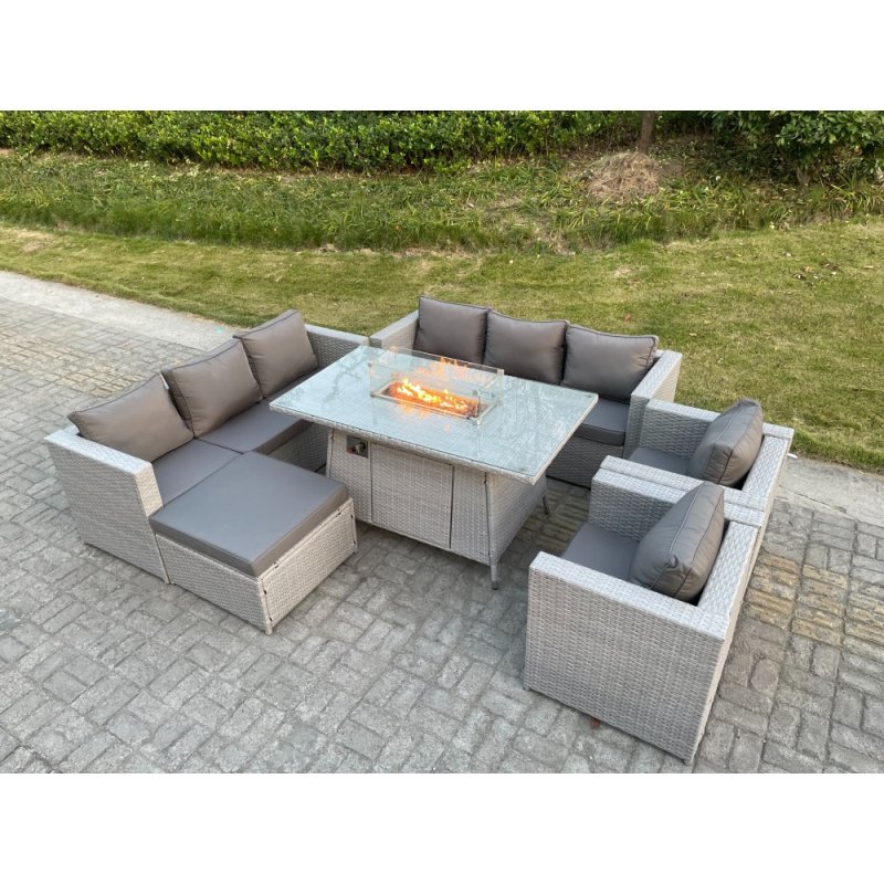 Fimous Light Grey Rattan Garden Furniture Set Gas FirePit Dining Table Heater Burner Lounge Sofa Set Chairs Footstool