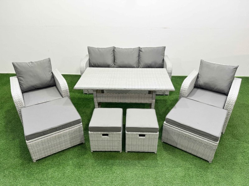 Fimous PE Rattan Lounge Sofa Set 9 Seater Outdoor Garden Furniture Set with Dining Table 3 Seater Sofa 2 Big Footstools Light Grey