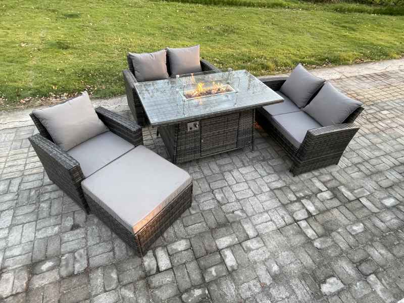 Fimous Rattan Outdoor Garden Furniture Gas Fire Pit Table Sets Gas Heater with Double Seat Sofa Armchair Big Footstool 6 Seater Dark Mixed Grey