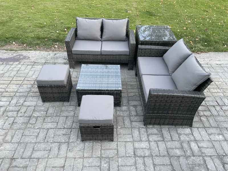 Fimous Rattan Garden Furniture Set 6 piece Patio Rattan Furniture Sofa Weaving Wicker includes 2 Double Seat Sofa, Coffee Table, 2 Small Footstools and Side Table