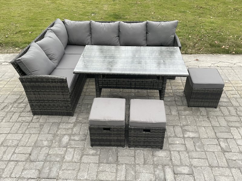Fimous Outdoor Rattan Garden Furniture Corner Sofa Set with Rectangular Dining Table 3 Small Footstools Patio Wicker Rattan Set Dark Grey Mixed