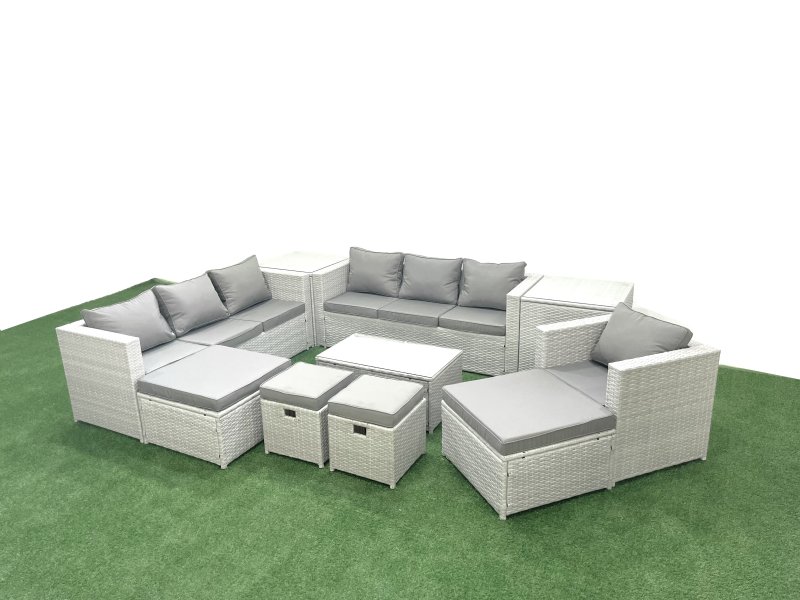 Fimous 10 Pieces Rattan Garden Furniture Set Outdoor Garden Sofa Chair Coffee Table Set with 2 Side Tables 4 Footstools Light Grey Mixed