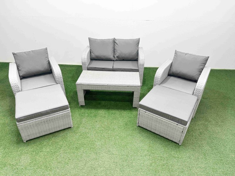 Fimous Light Grey PE Wicker Rattan Garden Furniture Set Sofa Set Reclining Adjustable Chair Oblong Coffee Table 6 Seater 2 Big Stools