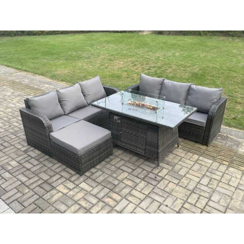 Fimous Rattan Garden Furniture Set with Fire Pit Table 7 Seater Outdoor Patio Lounge Sofa Set Dark Grey Mixed