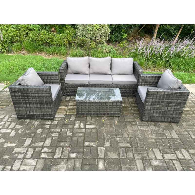 Fimous 5 Seater Outdoor Lounge Sofa Set Wicker PE Rattan Garden Furniture Set with 2 Armchair Oblong Coffee Table Dark Grey Mixed