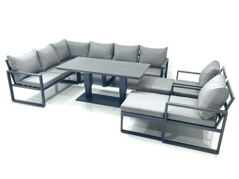 Fimous Aluminum Outdoor Garden Furniture Set Corner Sofa 2 Chair 2 Big Footstools Adjustable Rising Lifting Dining Table Sets Dark Grey