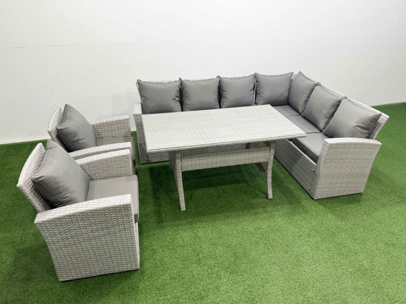 Fimous Rattan Garden Furniture Set Outdoor 8 Seater Patio Dining Corner Sofa Sets with Dining Table Chair Light Grey Mixed