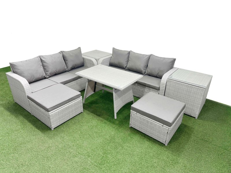 Fimous Patio Dining Table & Chairs Set Rattan High Back Lounge Sofa Set with 3 Seater Sofa 2 Side Tables 2 Big Stool Light Grey