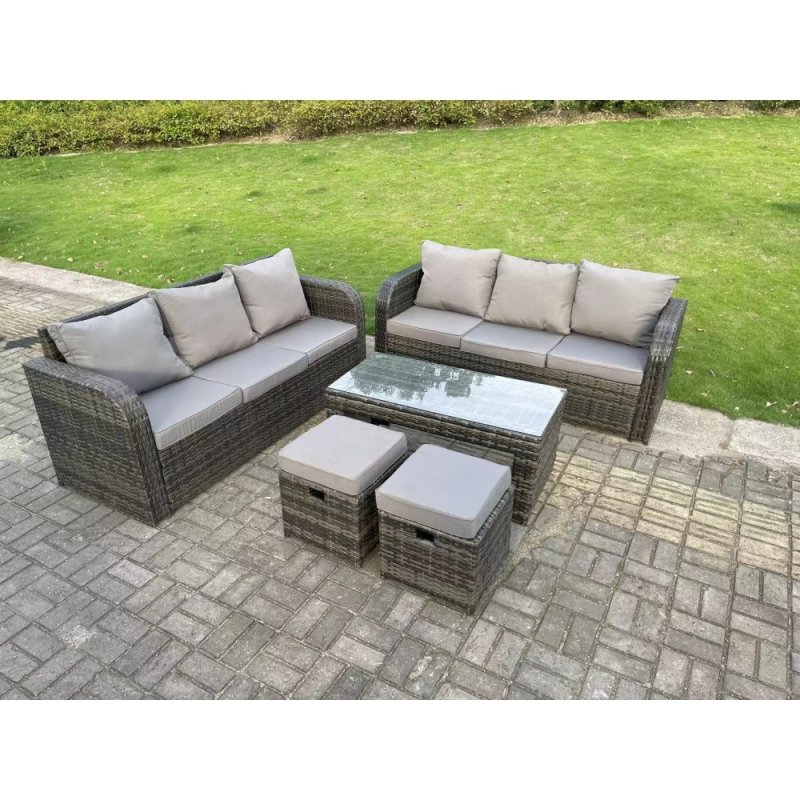 Fimous Dark Grey PE Wicker High Back Rattan Garden Furniture Set Lounge Sofa 3 Seater Sofa Set Outdoor Rectangular Coffee Table Stools 8 Seater