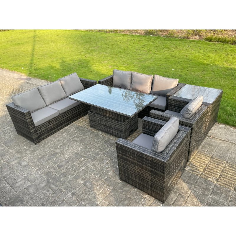 Fimous 8 Seater?Outdoor Rattan Garden Furniture Adjustable Rising Lifting Table Chairs Dark Grey Mixed