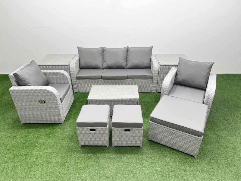Fimous PE Rattan Garden Furniture Set Reclining Chair Sofa Lounge Sofa Set Oblong Coffee Table 2 Side Table 3 Stools Light Grey