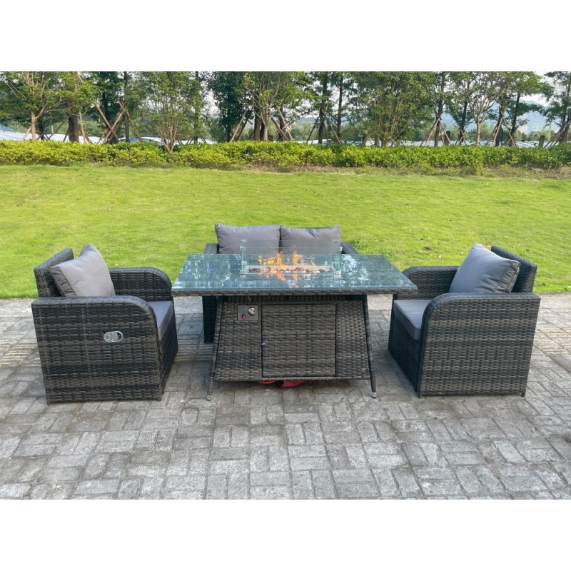 Fimous Dark Mixed Grey Rattan Outdoor Garden Furniture Gas Fire Pit Table Sets Gas Heater Love Sofa Reclining Adjustable Chairs 4 Seater