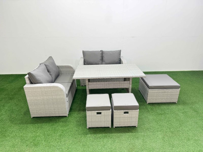 Fimous 7 Seater Outdoor Love Sofa Set Rattan Garden Furniture Set with Rectangular Dining Table 3 Footstool Light Grey