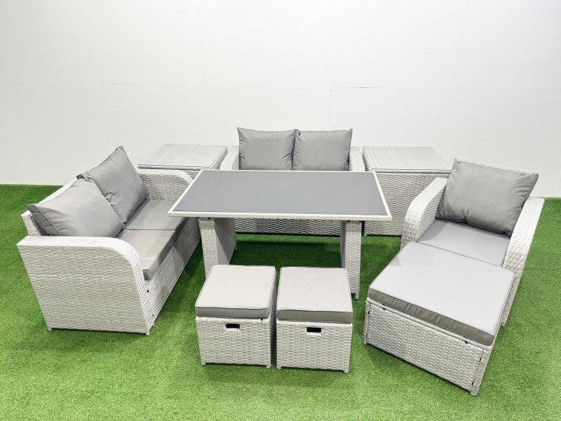 Fimous Rattan Sofa Outdoor Furniture with Dining Table,2 Side Tables,Love Sofa,3 Stools Patio Furniture Light Grey 8 Seater