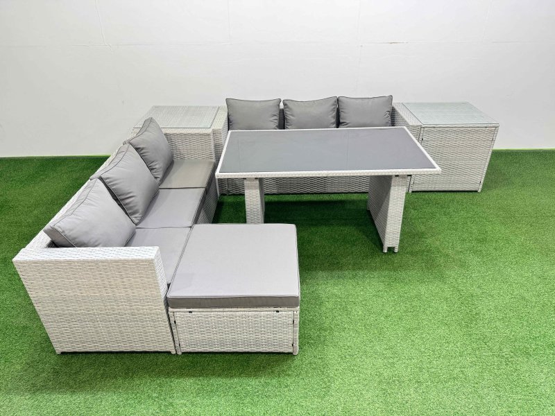 Fimous Rattan Garden Furniture Dining Set 7-seater Patio Rectangular Table Sofa Set with 2 Side Tables Big Stool Light Grey