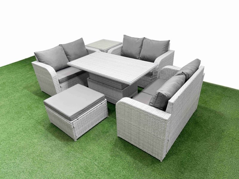 Fimous 7 Seater PE Wicker Rattan Furniture Sofa Sets with Adjustable Lifting Dining or Coffee Table 2 Seater Love Sofa Big Footstool Side Table Light Grey