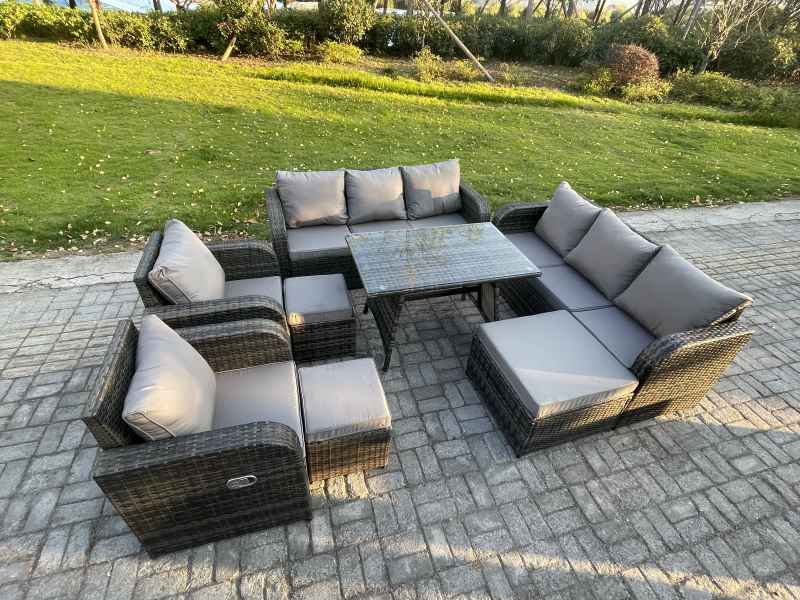 Fimous 11 Seater Rattan Outdoor Garden Furniture Sofa Set Patio Table & Chairs Set with 3 Seater Sofa Rectangular Dining Table 3 Footstool Dark Grey Mixed